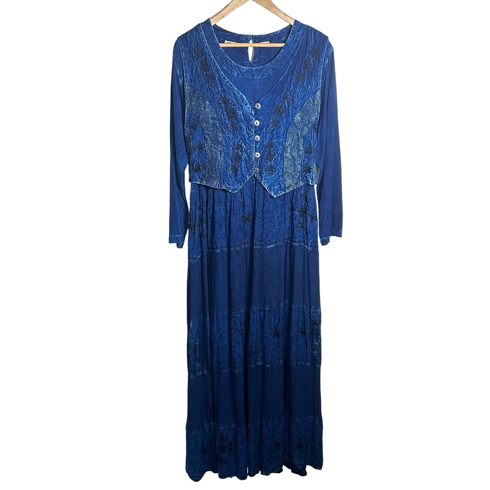24 Karat Vintage‎ Embroidered Floral Maxi Dress Size L/XL Boho Cottagecore Gypsy
